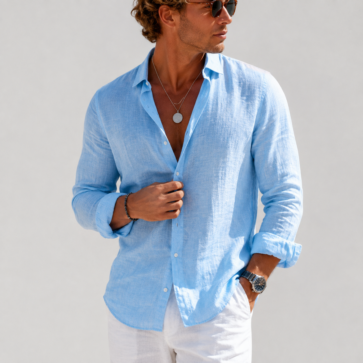 Men's linen long sleeve button-down shirt, light blue with chest pockets