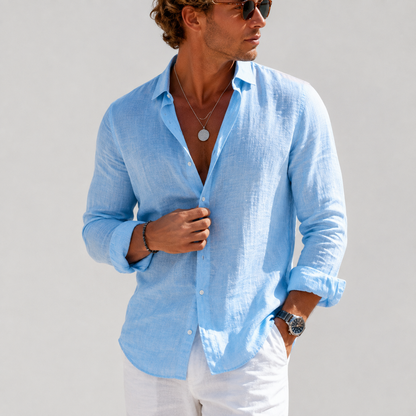 Men's linen long sleeve button-down shirt, light blue with chest pockets