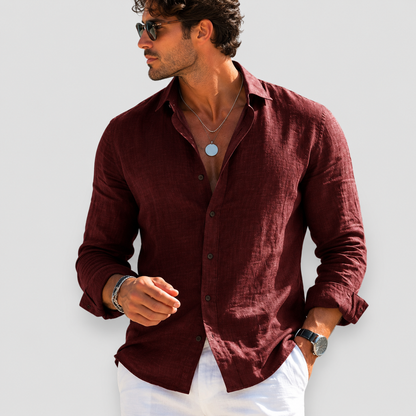 Men's linen long sleeve button-down shirt, burgundy red with chest pockets