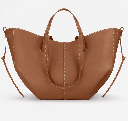 Women's vegan leather tote bag, tan-brown with two top handles and side straps