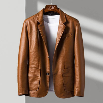 Cognac brown leather jacket with notched lapels and two front flap pockets