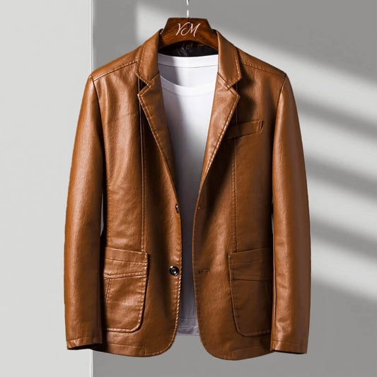Cognac brown leather jacket with notched lapels and two front flap pockets