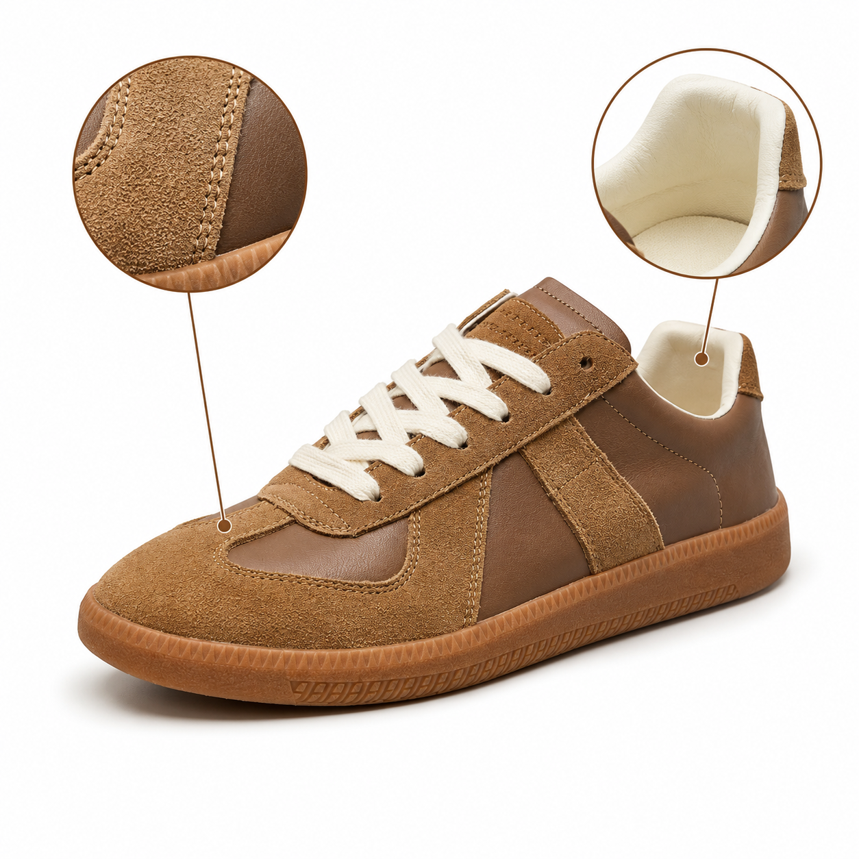 Brown lace-up sneakers with white laces, cushioned collar lining, gum sole