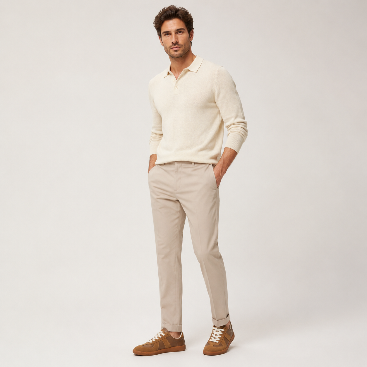 Men's lace-up casual sneakers, brown suede with white laces and gum sole