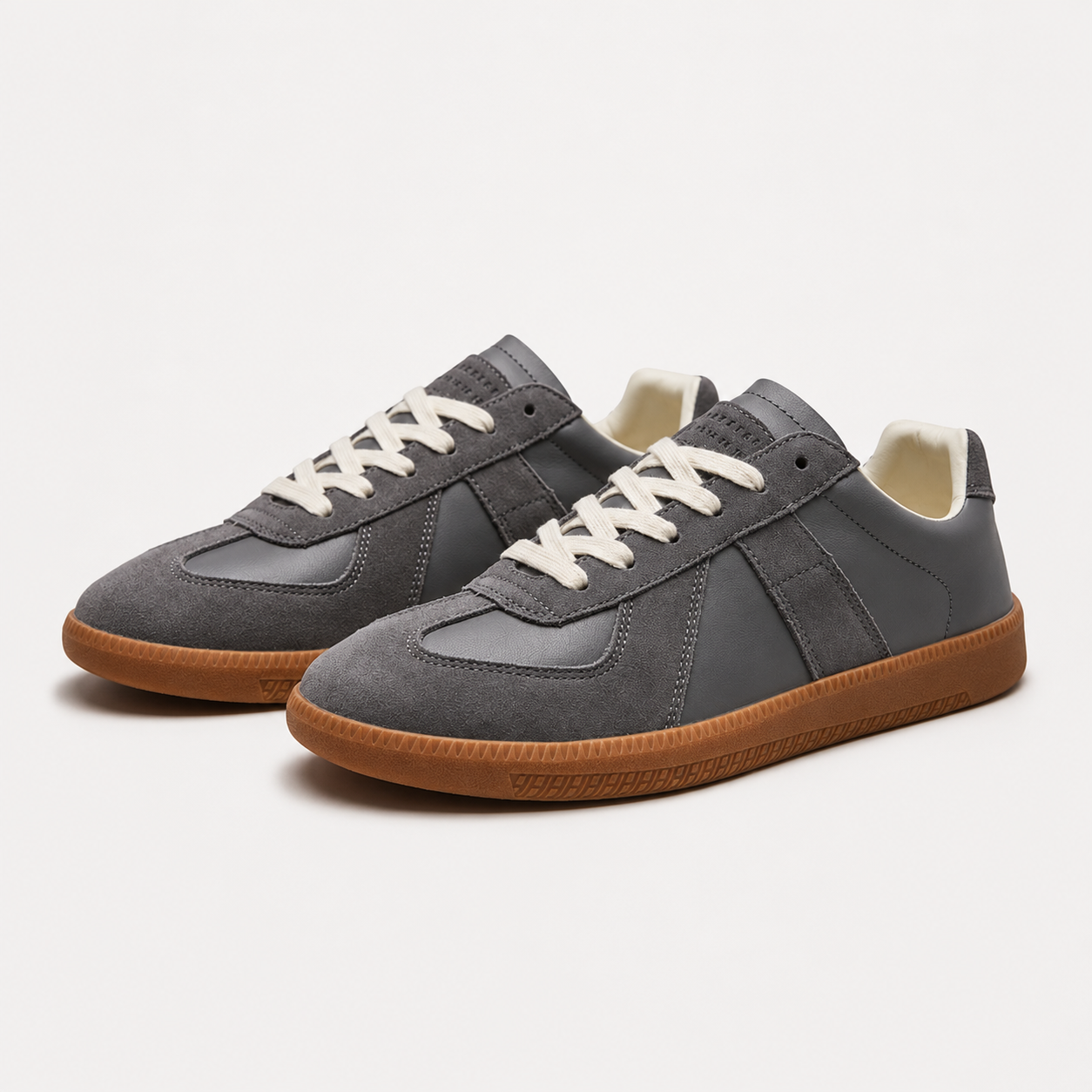 Men's lace-up casual sneakers, grey suede with white laces, gum rubber sole