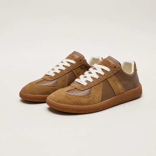 Men's lace-up casual sneakers, brown suede, white laces, gum rubber sole