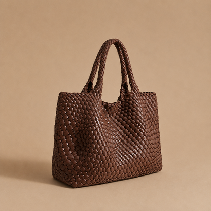Womens woven tote bag with top handles, coffee brown woven texture.