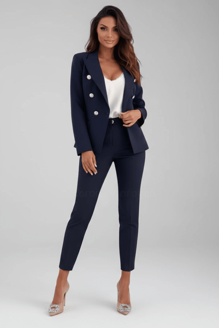 Navy blue blazer and matching trousers suit with gold button detail