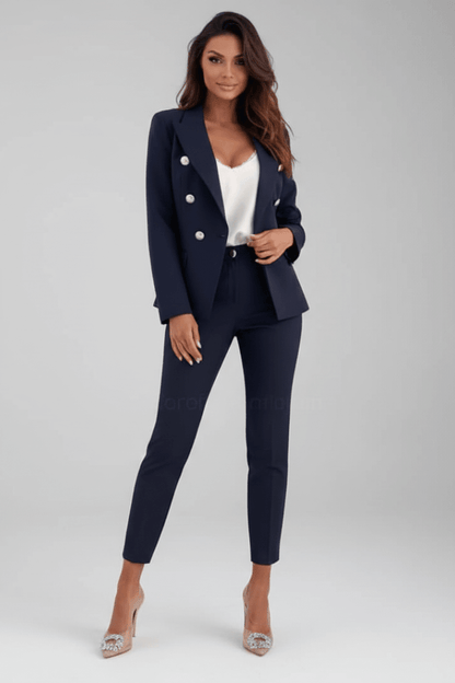 Navy blue blazer and matching trousers suit with gold button detail