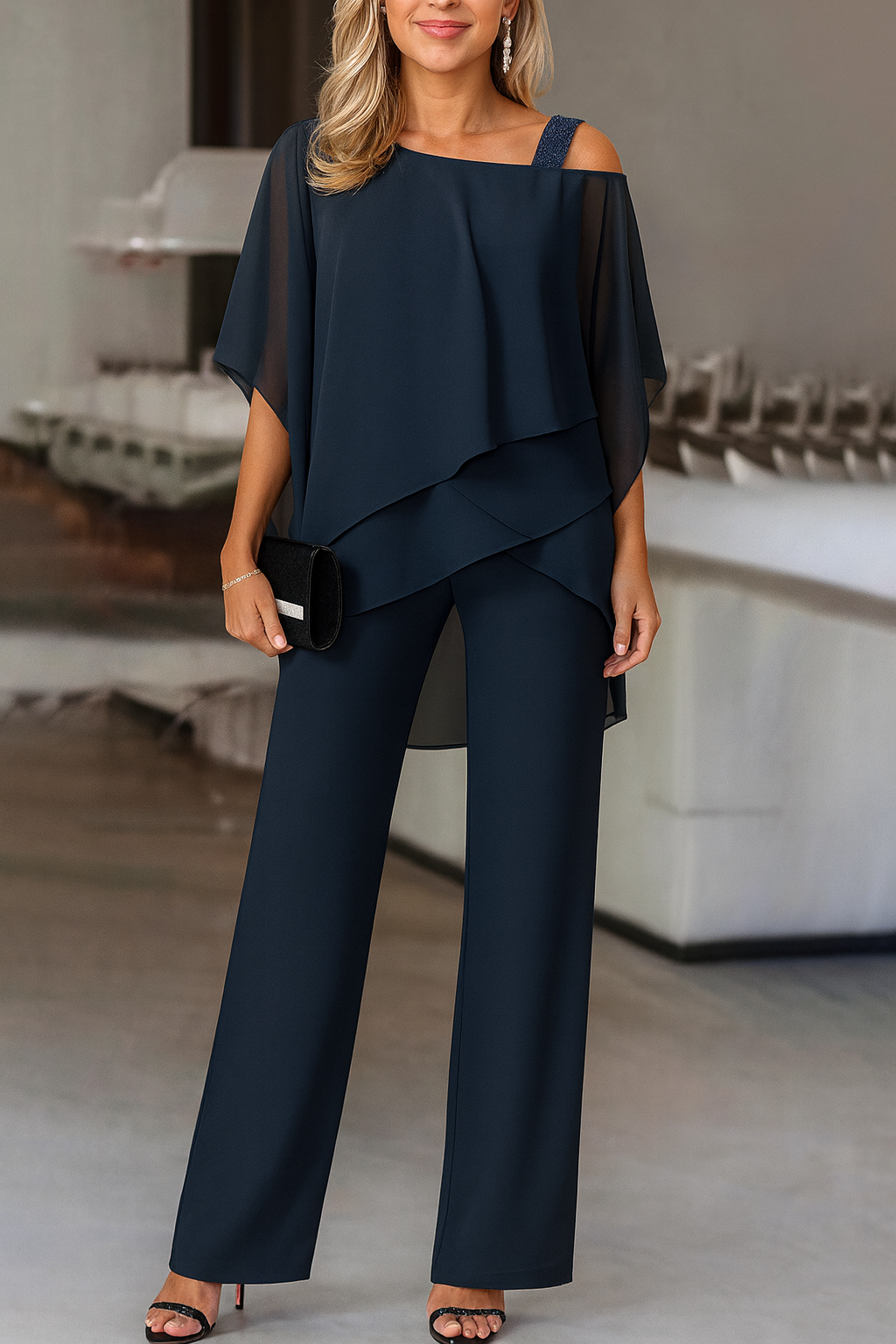 Women’s evening pants set in navy: layered off-shoulder blouse and wide-leg trousers