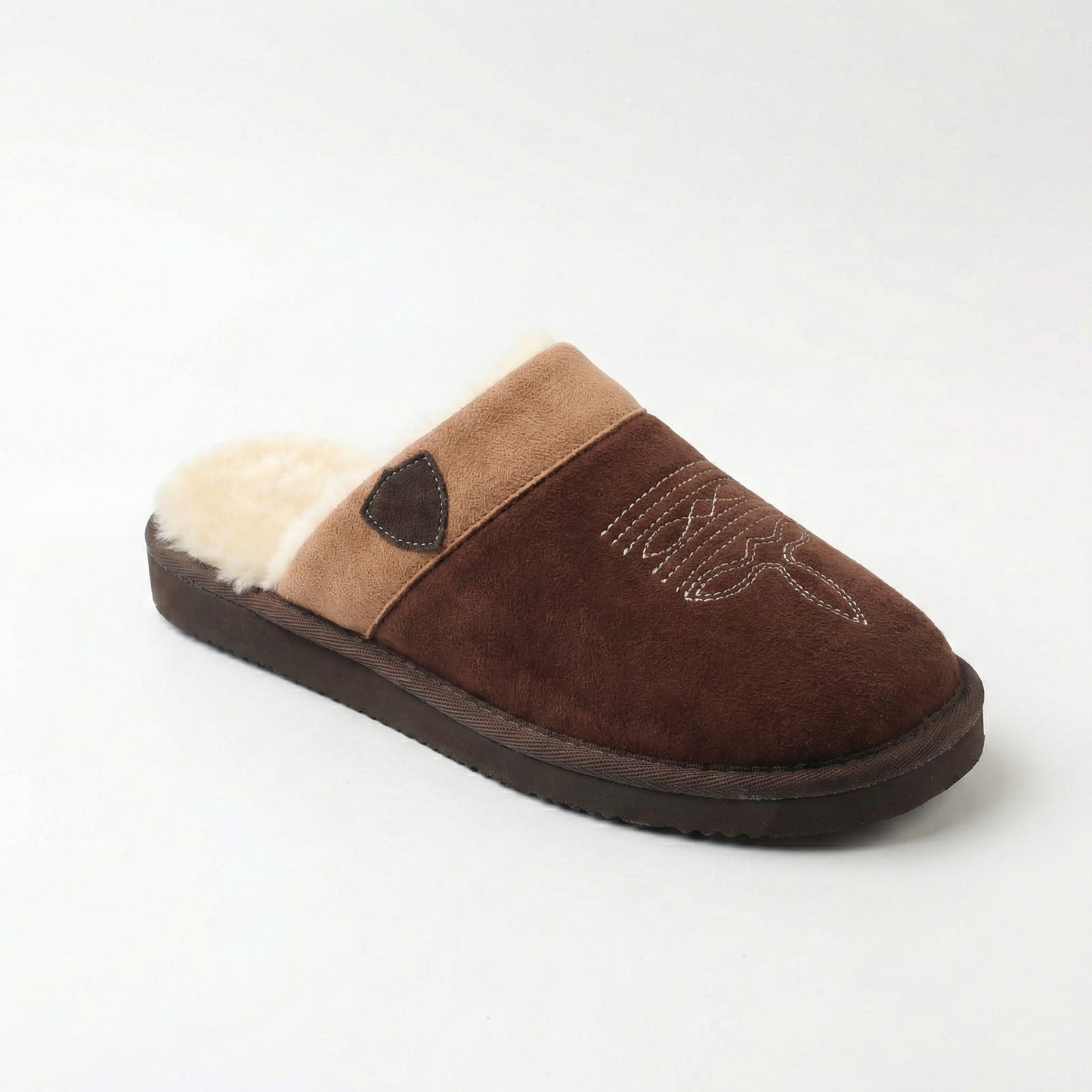 Cowboy slippers in tan/brown suede with white faux-fur lining and stitched cowboy detail.