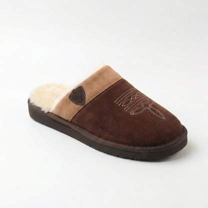Cowboy slippers in tan/brown suede with white faux-fur lining and stitched cowboy detail.