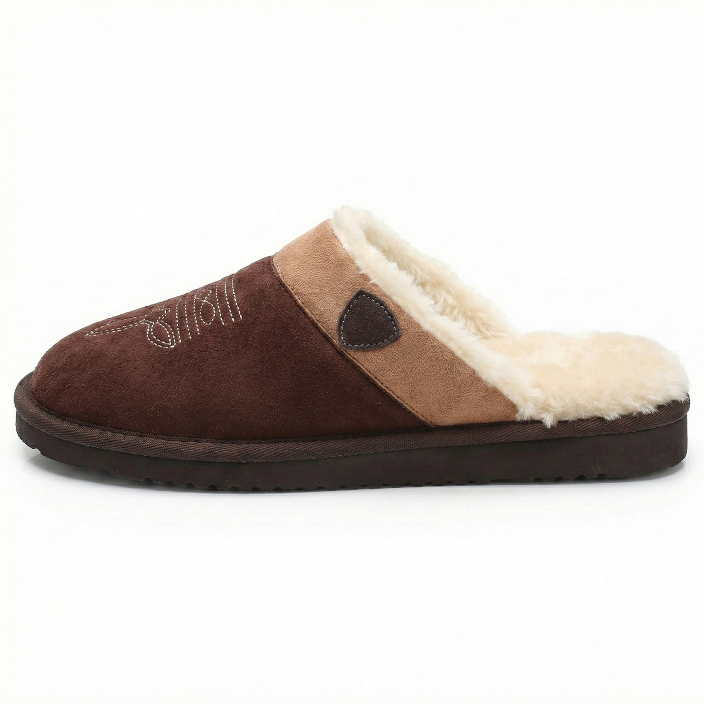 Cowboy slippers in dark brown suede with tan strap panel, plush white lining, cushioned sole.