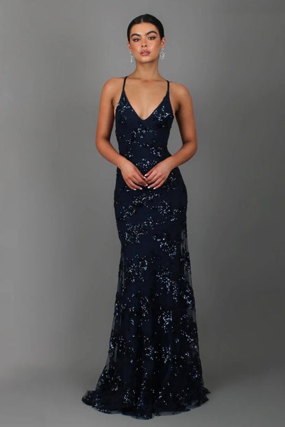 Dark blue sequin evening dress with V-neckline and thin spaghetti straps, mermaid hem