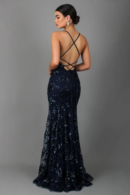 Dark blue sequin evening dress back view with crisscross straps and mermaid skirt