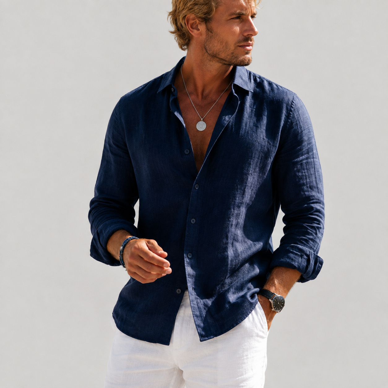 Men's linen long sleeve button-down shirt, navy blue with chest pockets