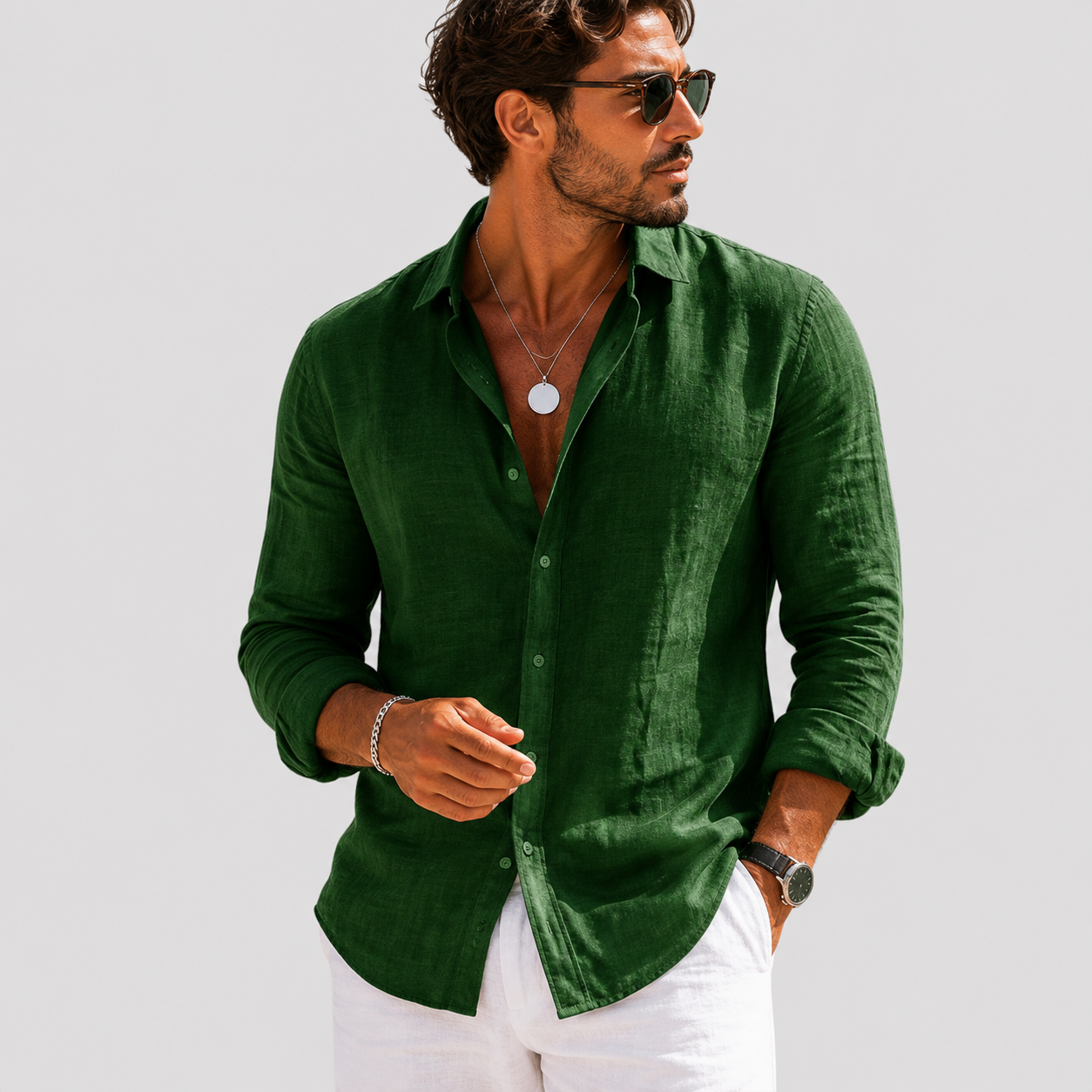 Men's linen long sleeve button-down shirt, deep green with chest pockets