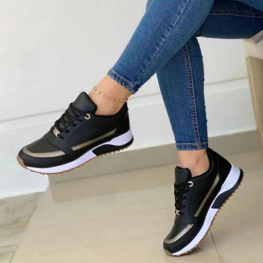 Black sporty women's lace-up shoes with white sole and contrast side stripe