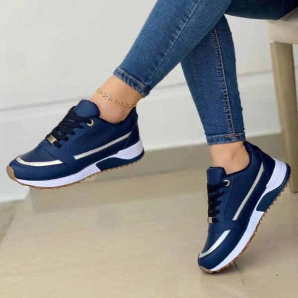 Blue sporty women's lace-up sneakers with white sole and contrast side stripe