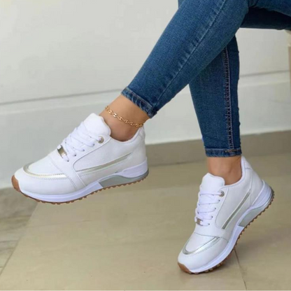 White sporty women's lace-up sneakers with white sole and contrast side stripe