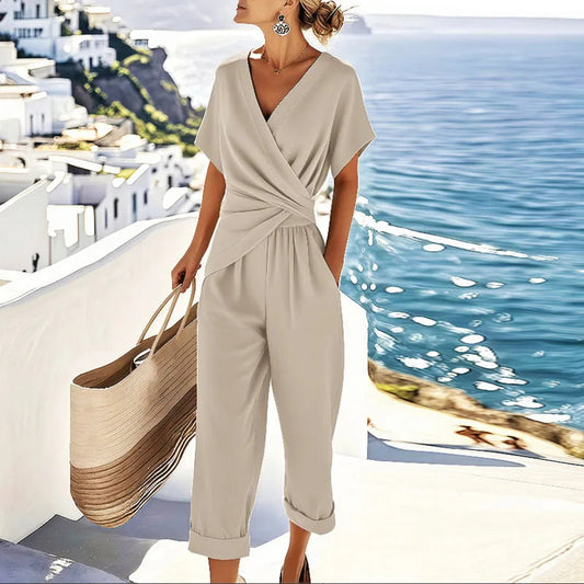Women's wrap-front two-piece trouser set, cream short-sleeve draped waist