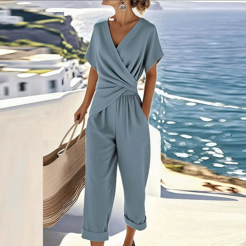 Women's wrap-front two-piece trouser set, blue short sleeves and tapered trousers