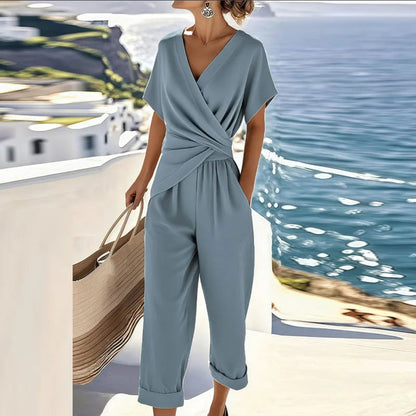 Women's wrap-front two-piece trouser set, blue short sleeves and tapered trousers