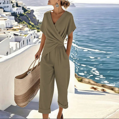 Women's wrap-front two-piece trouser set, khaki short sleeves with draped waist