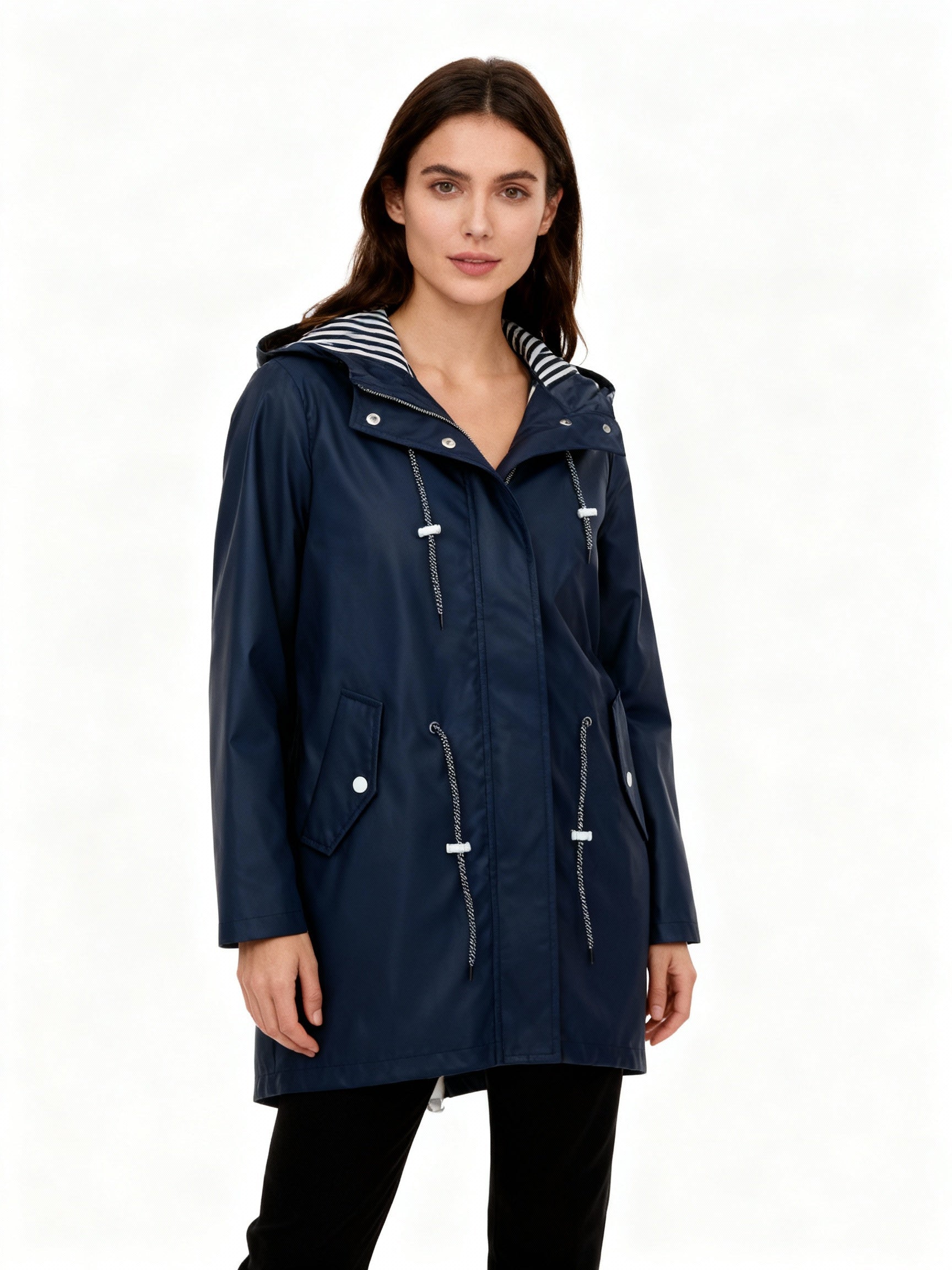 Navy waterproof hooded coat with drawstring ties, zip front, and flap pockets