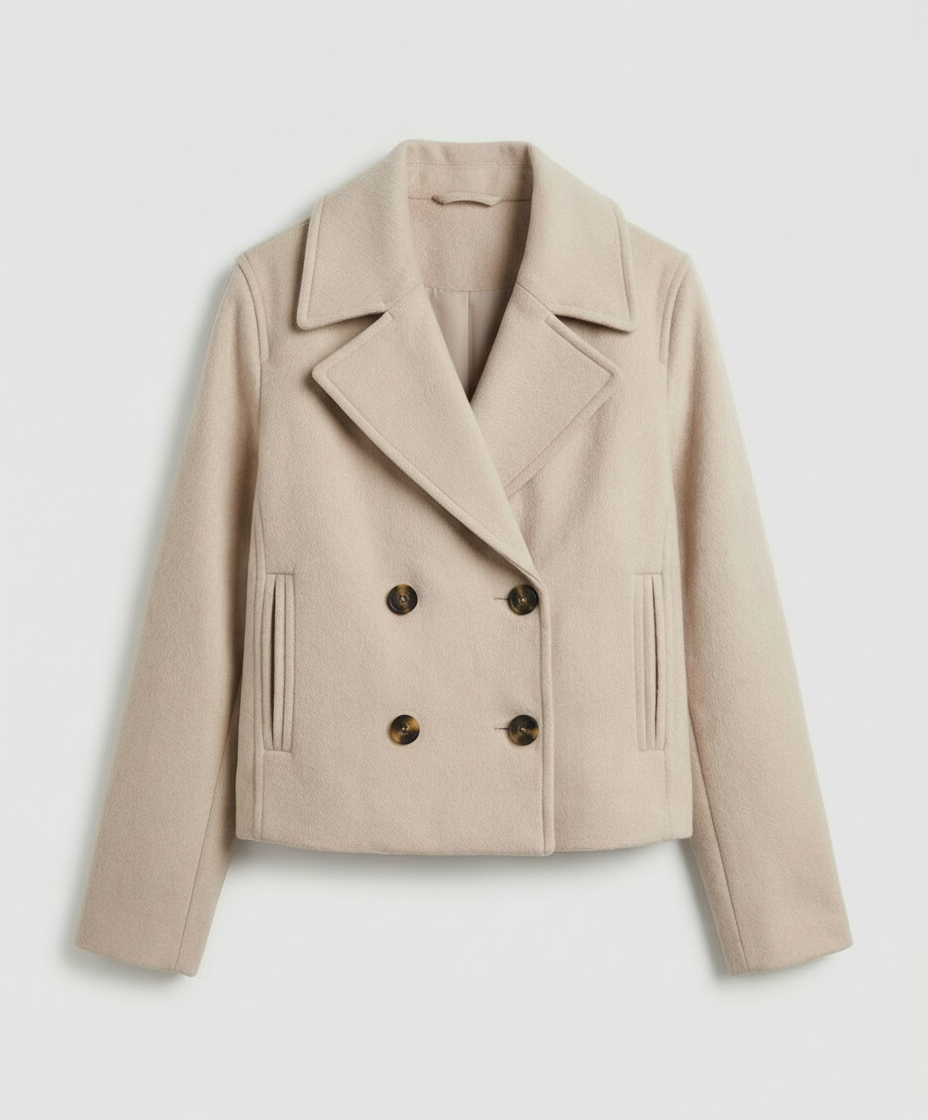 Cropped double-breasted jacket in light beige, buttoned front with flap pockets