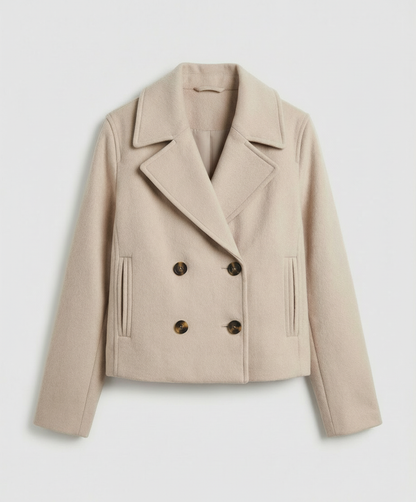 Cropped double-breasted jacket in light beige, buttoned front with flap pockets