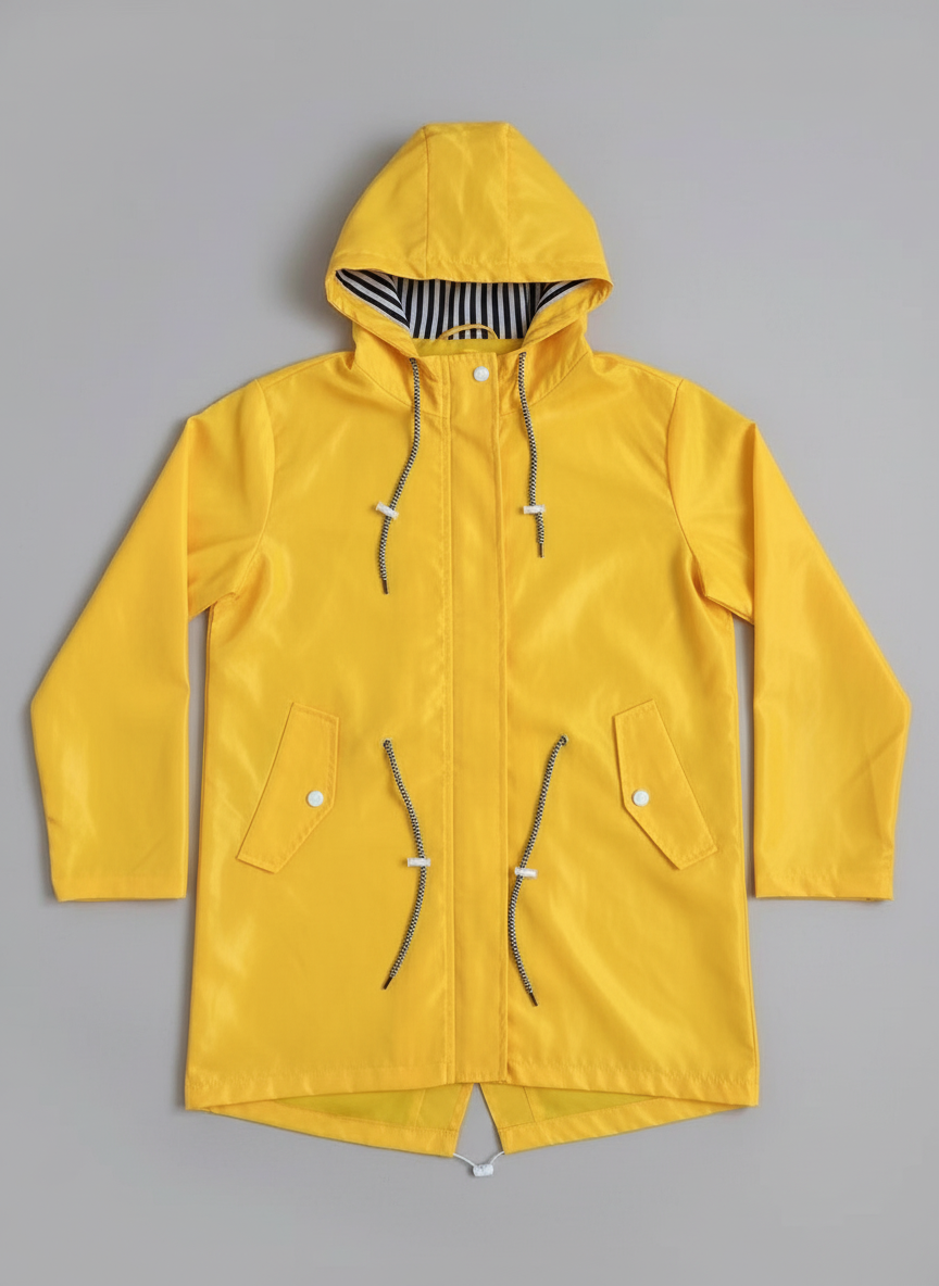 Yellow waterproof hooded coat laid flat, front zip, drawstring ties, four pockets