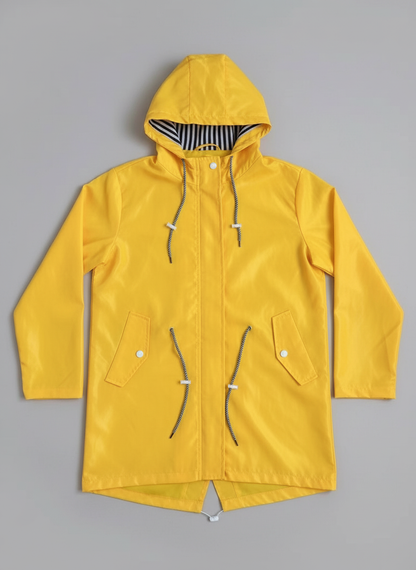 Yellow waterproof hooded coat laid flat, front zip, drawstring ties, four pockets