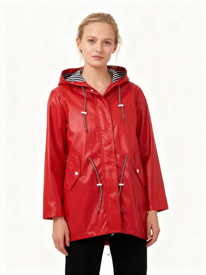 Red waterproof hooded coat with drawstring, zip front, and dual front pockets