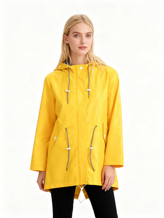 Yellow waterproof hooded coat with drawstring, front zipper, and side pockets