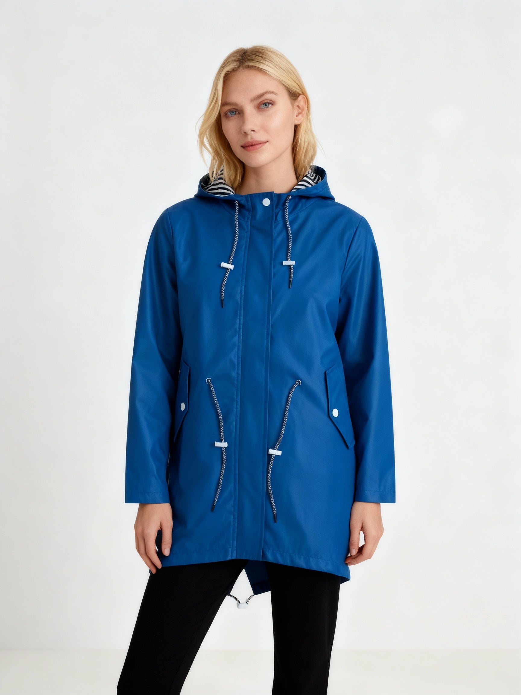 Blue waterproof hooded coat with drawstring ties, zip front, and side pockets