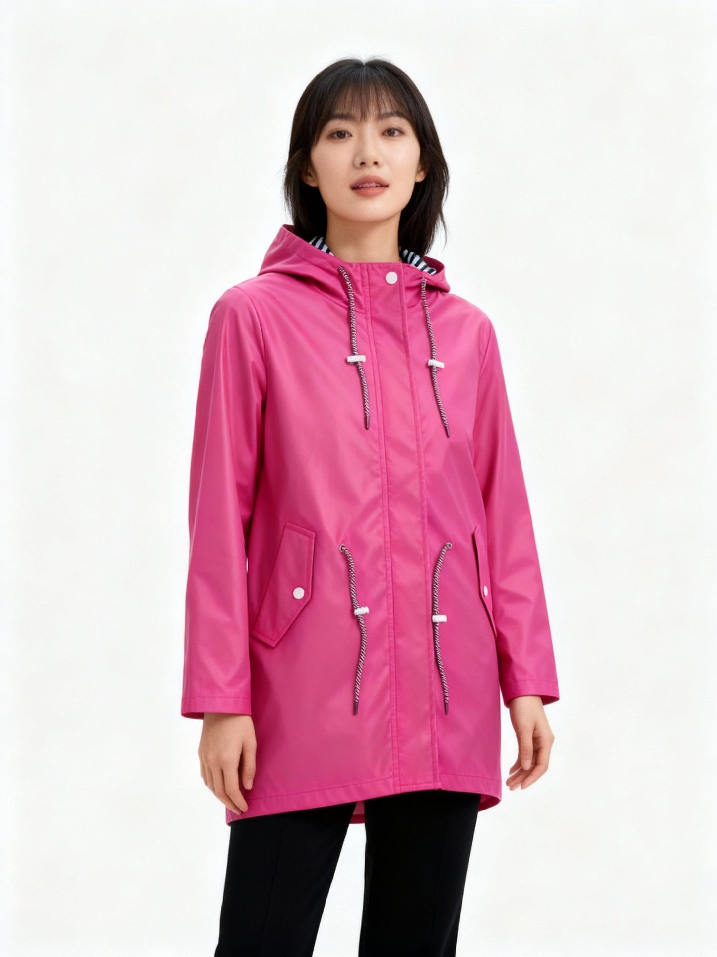 Pink waterproof hooded coat with drawstring, zip front, and flap pocket details