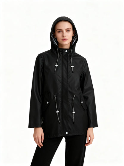 Black waterproof hooded coat with drawstring, zip front, and flap side pockets