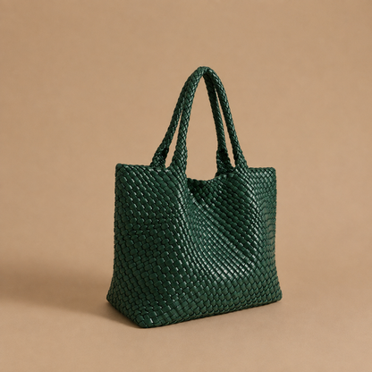 Womens woven tote bag with top handles, forest green woven texture.