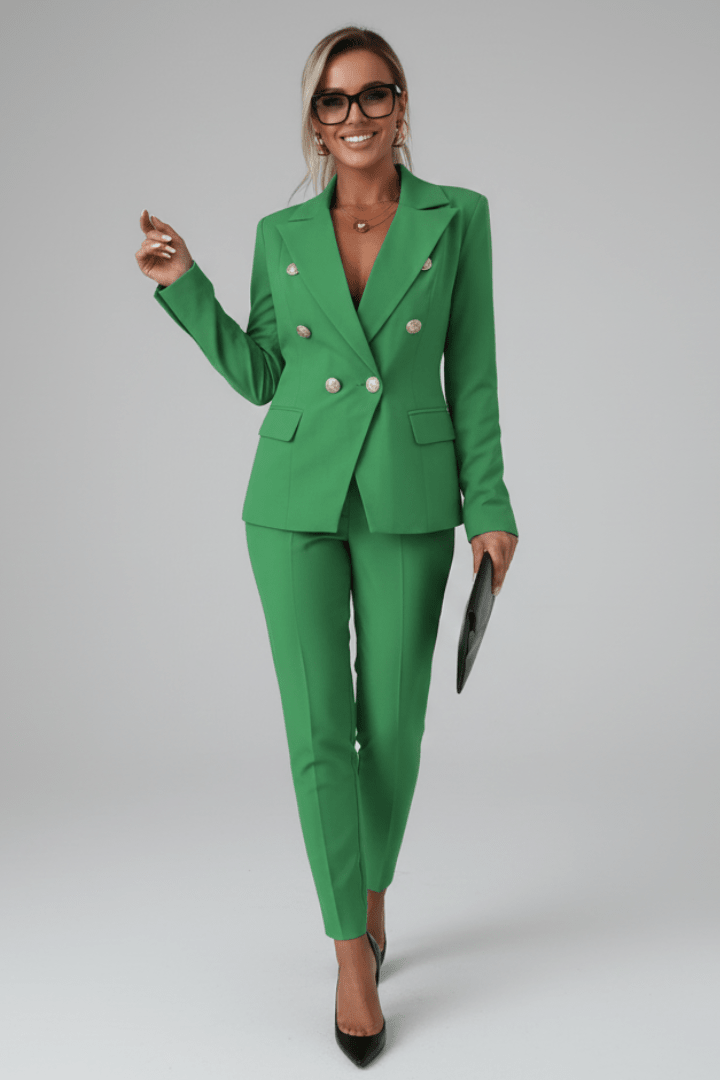 Green blazer and matching trousers suit with gold buttons and tailored fit