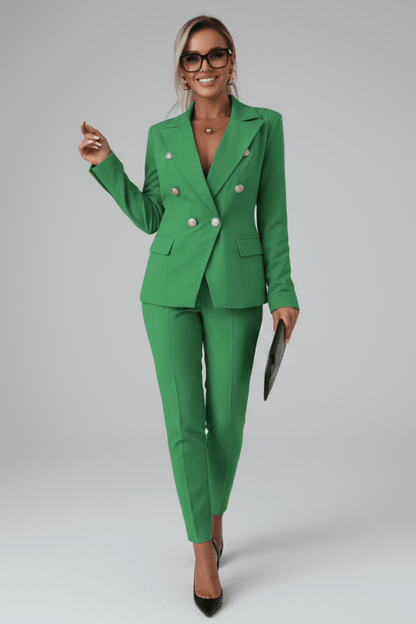 Green blazer and matching trousers suit with gold buttons and tailored fit
