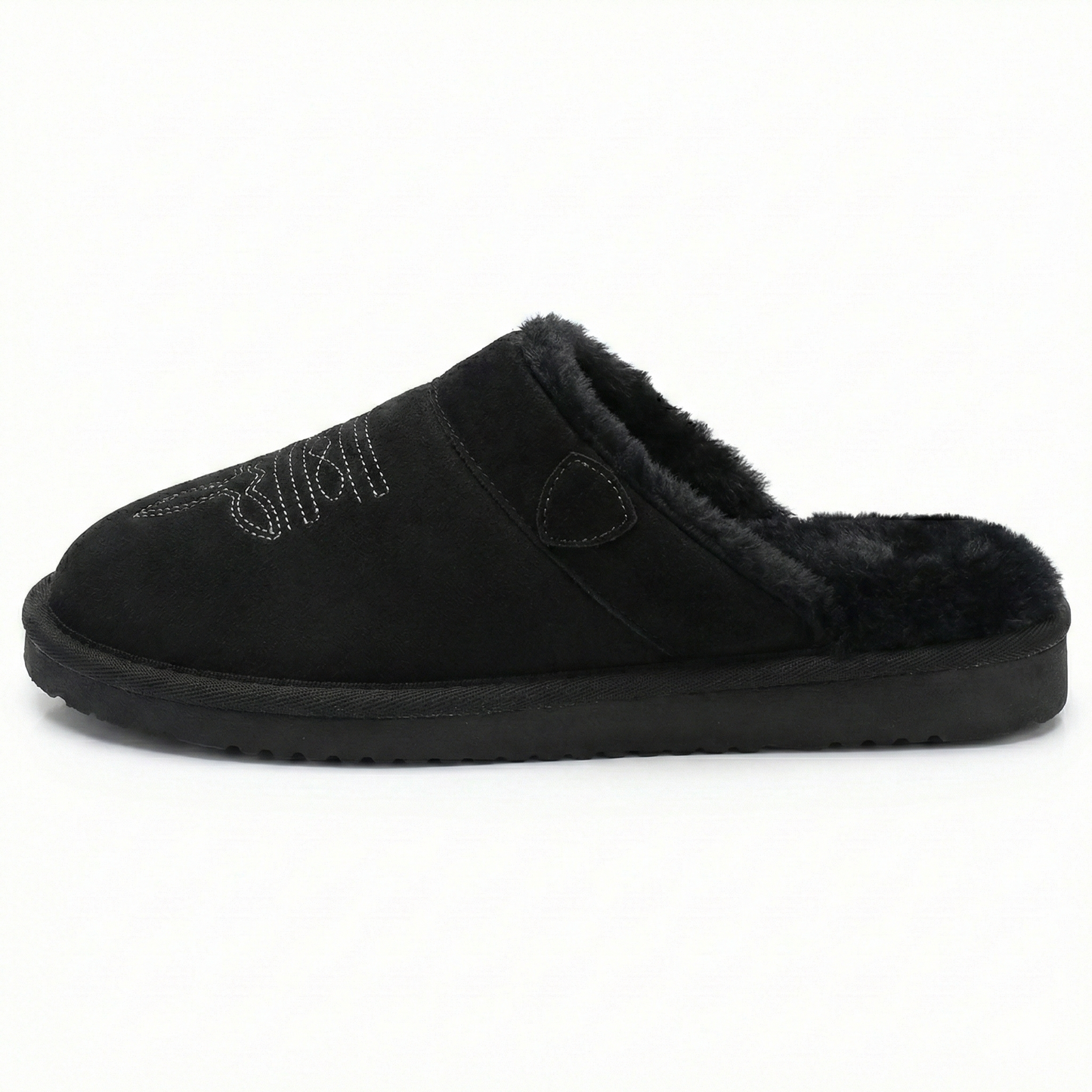 Black cowboy-style slippers with faux-fur trim and stitched toe detail
