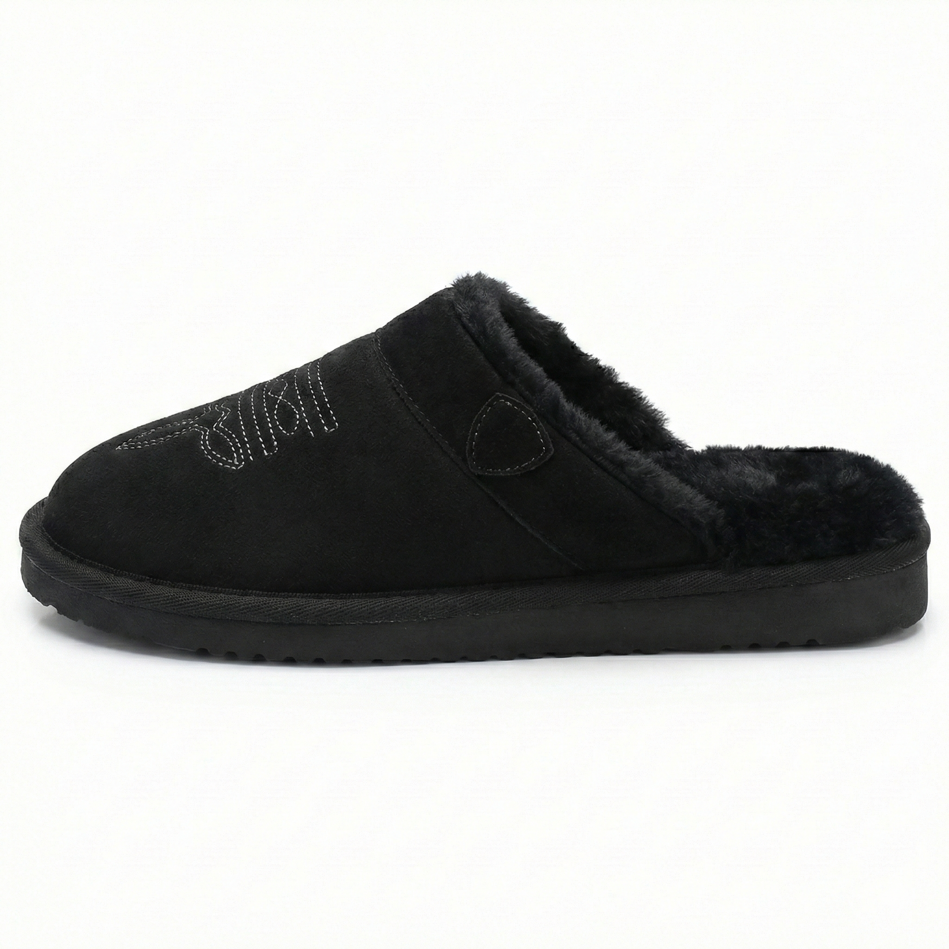 Black cowboy-style slippers with faux-fur trim and stitched toe detail