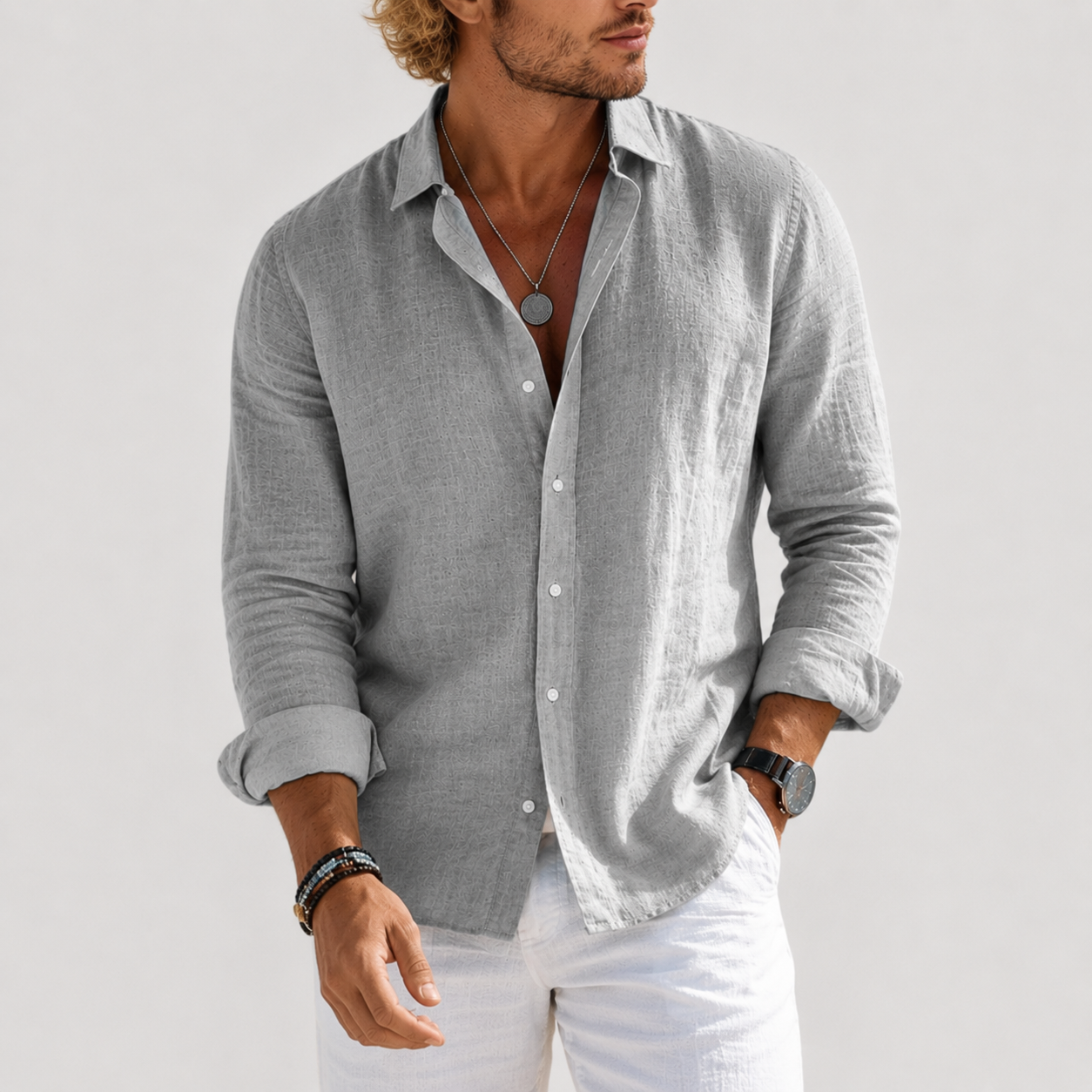 Men's linen long sleeve button-down shirt, grey with chest pockets