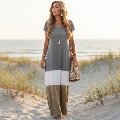 Maxi dress with V-neck, short sleeves, grey top with white and olive-brown color blocks