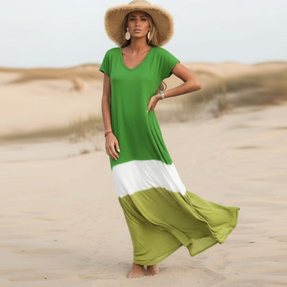 Maxi dress with V-neck, short sleeves, green body with white stripe and lighter green base