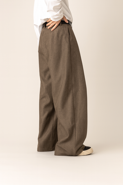 Men's wide-leg suit trousers in dark brown, pleated front, wide cuffs, button waist