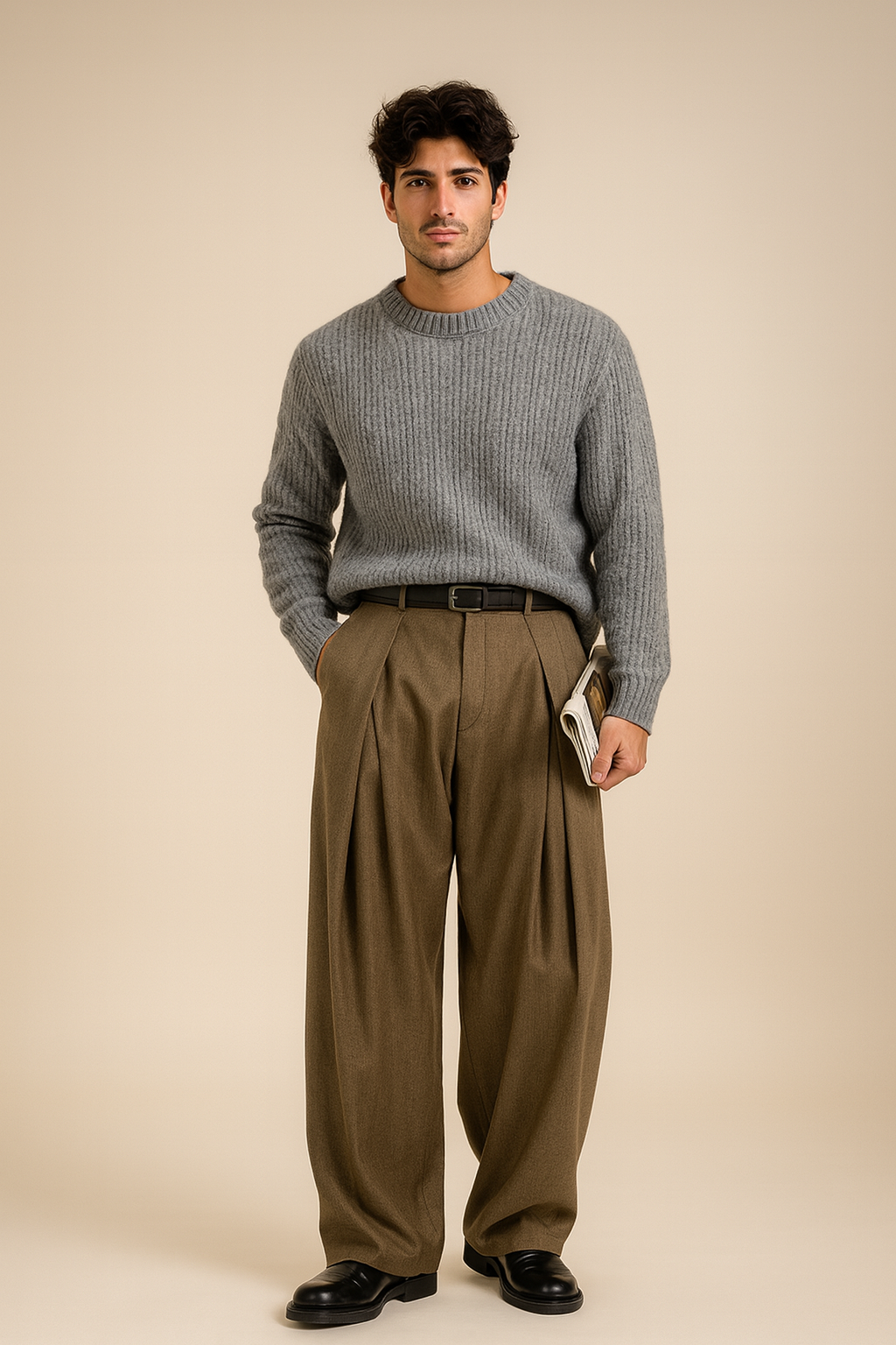 Men's wide-leg suit trousers in dark olive, pleated front, belt loops, straight wide leg