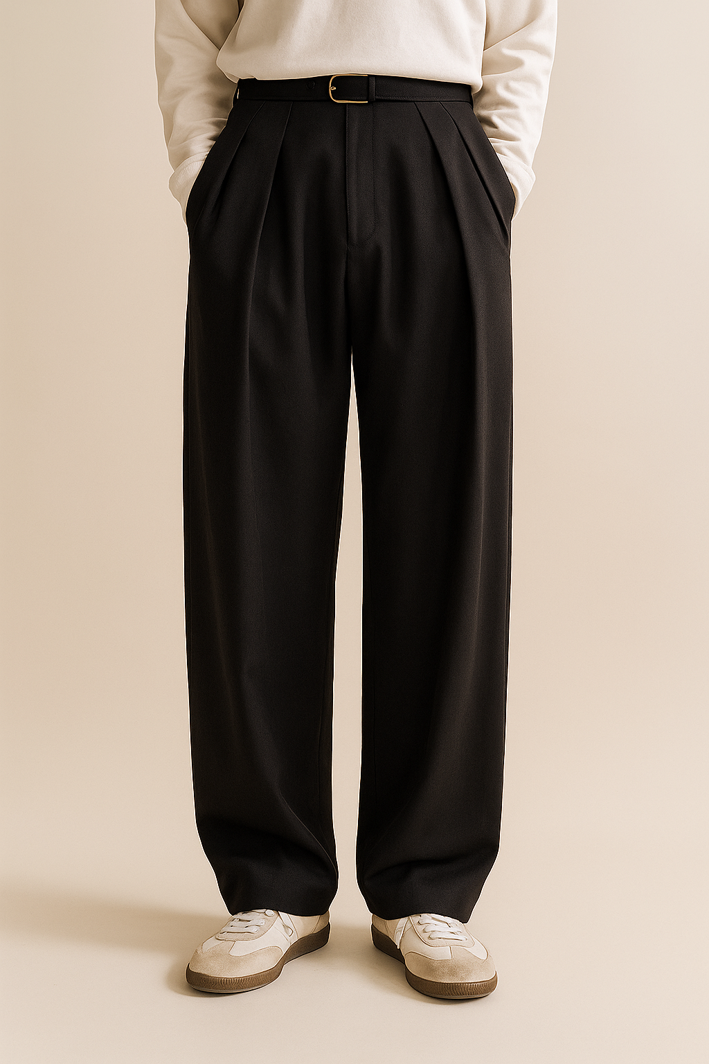 Men's wide-leg suit trousers in black, pleated front, belt loops, relaxed wide leg