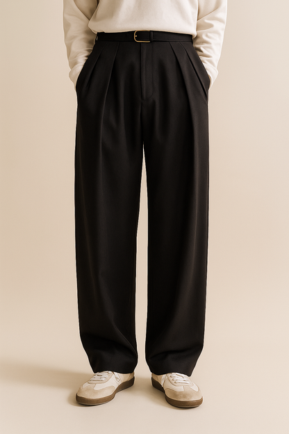 Men's wide-leg suit trousers in black, pleated front, belt loops, relaxed wide leg
